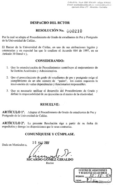 Resoluci&oacute;n 210 para el Procedimiento de Graduaci&oacute;n P&aacute;gina 1